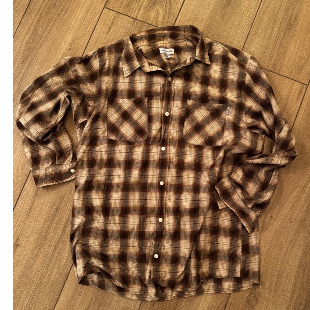 Carhartt Mens XL Brown Plaid Cotton Long Sleeve Button Down Work Shirt T080